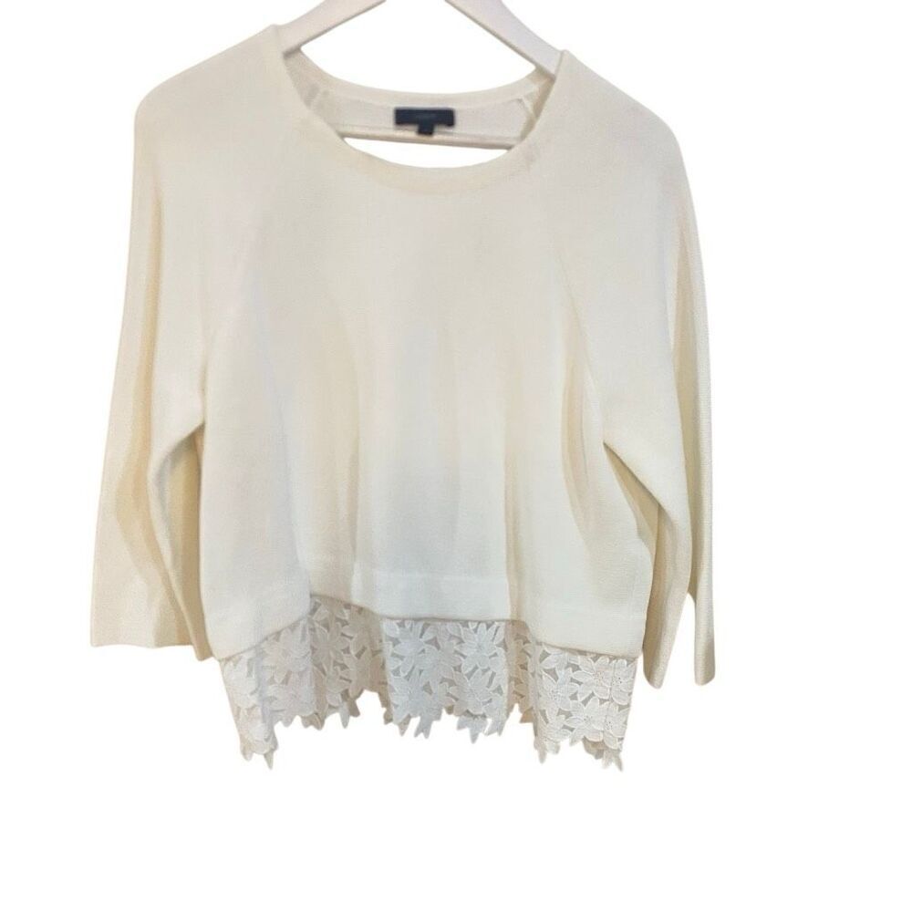 J crew medium white long sleeve sweater lace bottom crew neck cotton medium